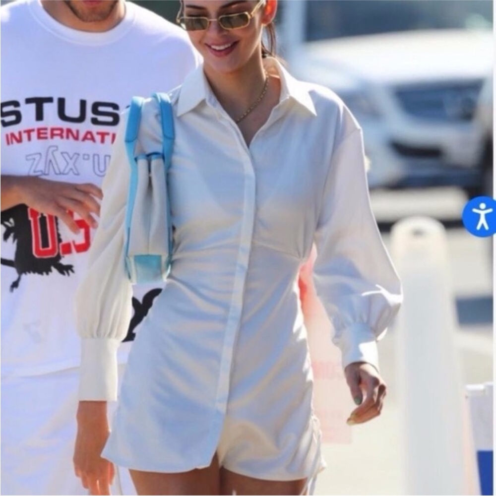 Danielle Guizio Rouched Drawstring White Satin Shirt Dress